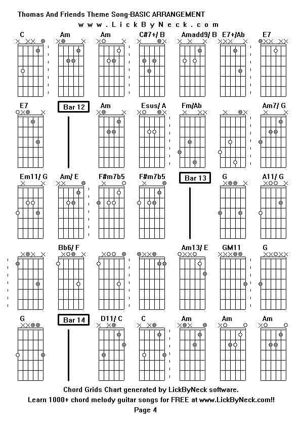 Chord Grids Chart of chord melody fingerstyle guitar song-Thomas And Friends Theme Song-BASIC ARRANGEMENT,generated by LickByNeck software.